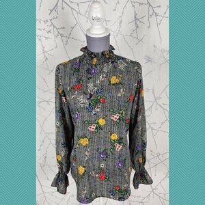 Oriental Vintage Korea Herringbone Floral Print Mockneck Blouse
